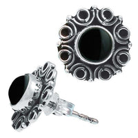 Load image into Gallery viewer, Ohrstecker schwarz Stein Onyx rund, silber Rand Blume Kreise Ohrringe 925er Sterlingsilber - chic - net.de
