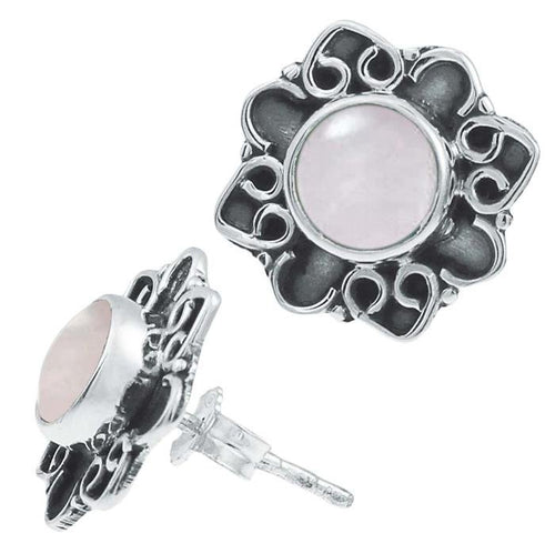 Ohrstecker weiß Mondstein rund, silber Rand Blume verschnörkelt Herz Ohrringe 925er Sterlingsilber - chic - net.de