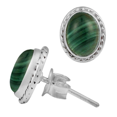 Ohrstecker Zopf Rand Malachit oval 10 mm 925er Sterling Silber Stein Silberohrstecker - chic - net.de
