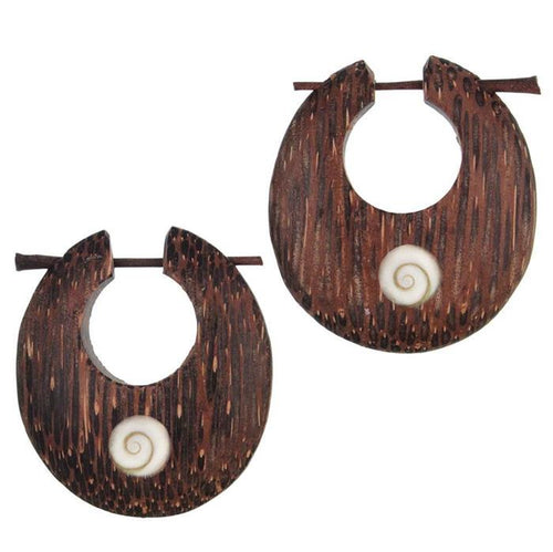 Palmholz Pin Ohrringe Creolen oval Shivaauge rund dick handgeschnitzt 42 mm - chic - net.de