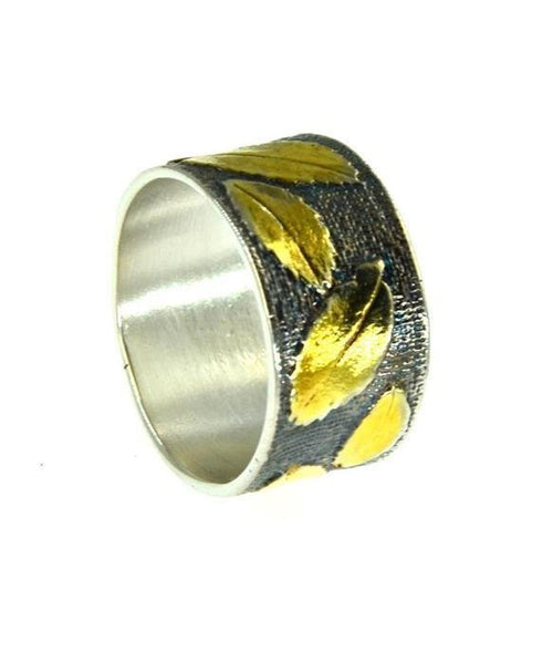 Ring 925 Silber oxidiert Blätter vergoldet Gips Textur - chic - net.de