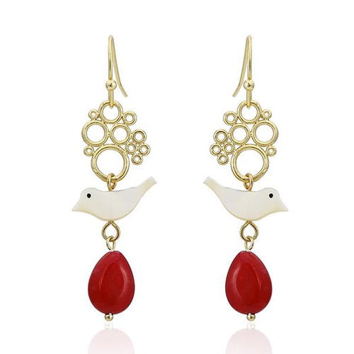 Set Kette Ohrringe 18 karat vergoldet rot Tropfen Vogel Kreise nickelfrei Stein Perlmutt weiß - chic - net.de