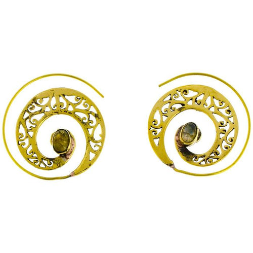 Spiralen Ohrringe breit gestanzt Labradorit oval Messing antik golden nickelfrei Piercing Tribal - chic - net.de