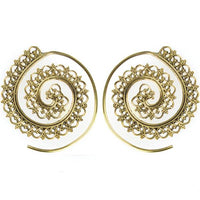 Load image into Gallery viewer, Spiralen Ohrringe Spiralbögen Punkte Kerbe Messing Brass antik golden nickelfrei Tribal Piercing - chic - net.de
