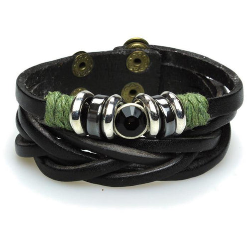 Surfer Lederarmband geflochten schwarz Kristall grün Band Brass verstellbar Leder Schnur breit - chic - net.de