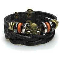 Cargar imagen en el visor de la galería, Surfer Lederarmband Totenkopf Ringe geflochten Brass schwarz verstellbar Leder breit nickelfrei - chic - net.de
