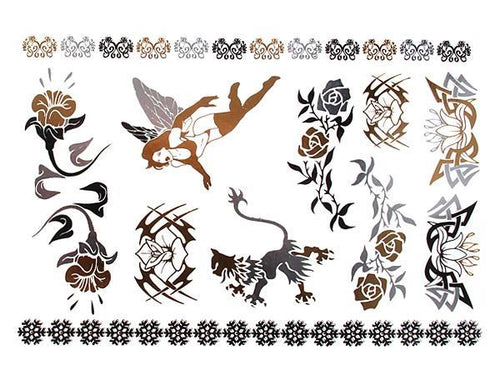 Tattoo golden silbern temporär Motivbogen Klebetattoos Rosen Fee Löwe Schmuck Tattoos - chic - net.de