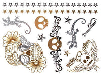 Cargar imagen en el visor de la galería, Tattoo golden silbern temporär Motivbogen Klebetattoos Skull Mexiko Gekko Schmuck Tattoos - chic - net.de

