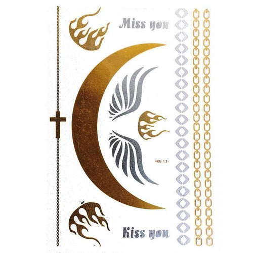 Tattoo Motivbogen golden silbern temporär Engel Kreuz Feuer Klebetattoos Schmuck Tattoos - chic - net.de