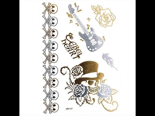Tattoo Motivbogen golden silbern temporär Gitarre Totenkopf Rosen Klebetattoos Schmuck Tattoos - chic - net.de