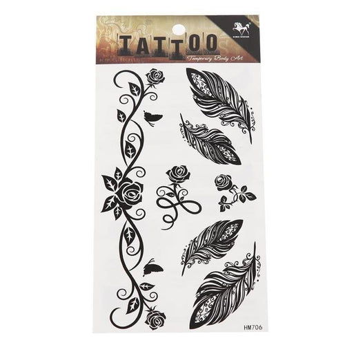 Tattoo schwarz Tribal Muster Rosen Ranken Federn temporär Klebetattoos - chic - net.de