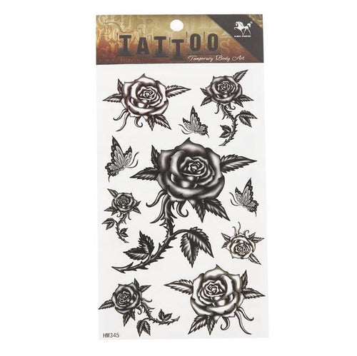 Tattoo schwarz weiß Rosen Blüten Schmetterlinge detailliert temporär Klebetattoos - chic - net.de