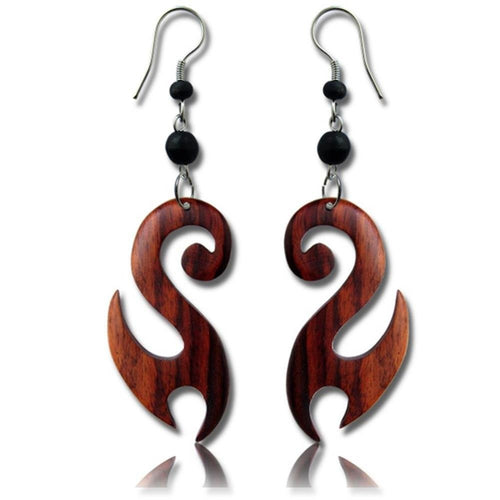 Tribal Ohrringe Narraholz Schwan dunkelbraun schwarze Perlen Edelstahl Ohrhänger - chic - net.de