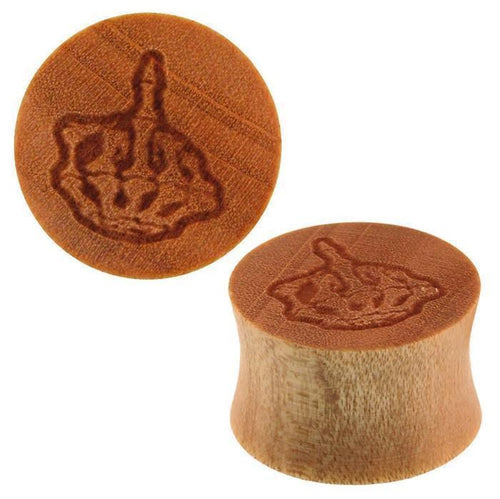 A pair of light brown, marbled Krokodilholz plugs with a flared design, featuring an engraved skeletal hand giving the middle finger. One Krokodilholz Plug hellbraun gemasert Skeletthand Mittelfinger is shown from the top, one from the side.