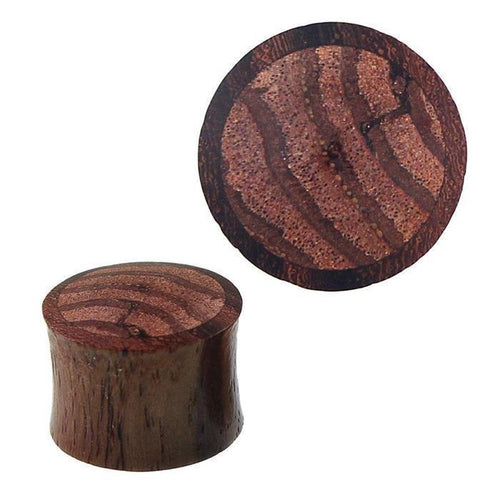 Two round Zebraholz ear plugs with a striped inlay and smooth finish, showcased upright and flat. These Tribal Holz Plug Sonoholz Zebraholz Inlay gestreift Tunnel Expander Ohrplugs feature a dark base and lighter wavy grain top.