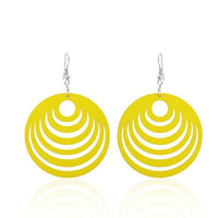 Cargar imagen en el visor de la galería, A pair of yellow Holzohrringe bunt 50 mm rund Halbkreise Damen Ohrringe with layered cut-out arches and silver hooks, displayed on a white background. These Holz Ohrhänger are nickelfrei for comfortable wear.

