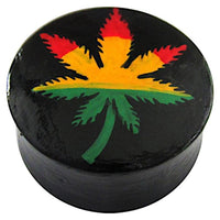 Load image into Gallery viewer, Holz Plug Hanf Blatt grün gelb rot Tunnel Unisex Ohrschmuck Teakholz
