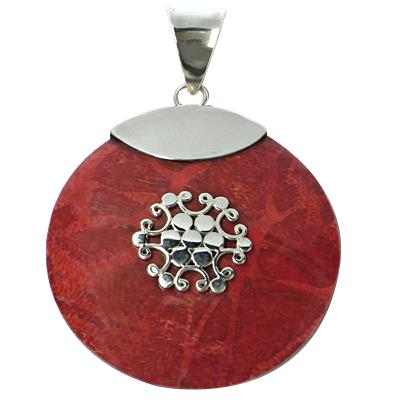 Runder Silberanhänger mit Schaumkoralle, ca. 32 mm Ø Eisblume Mandel Anhänger Koralle 925er Silber