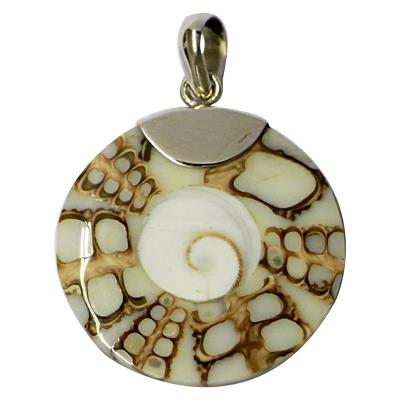 Muschel Anhänger, Spidermuschel-Anhänger mit eingefasstem Shivaauge und Silberaufhänger, braun-beige, ca. 25mm Ø