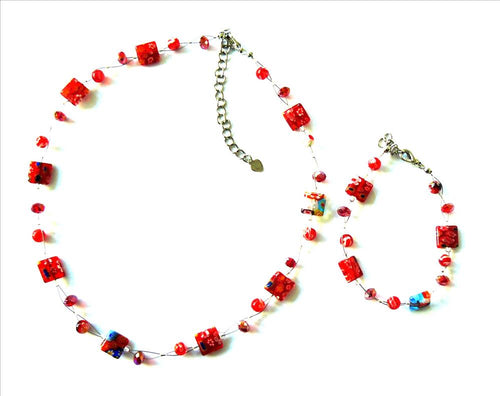 Damen Set Kette Armband Muranoglas rot mit Blümchen 8-9mm