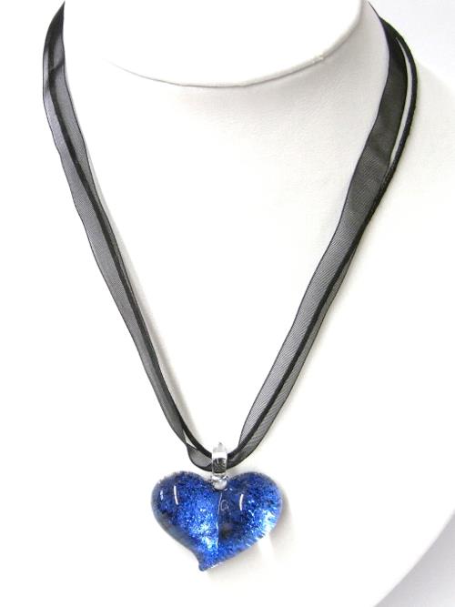 Glasanhänger Kette blau glitzernd herzförmig, 3,5 x 2,5cm Ø Baumwollfäden gewachst verstellbar