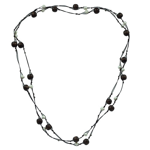 Holzkette Kette Sonoholz Baumwolle Perlen weiß Holzperlen braun 150 cm lang Holzschmuck Halskette