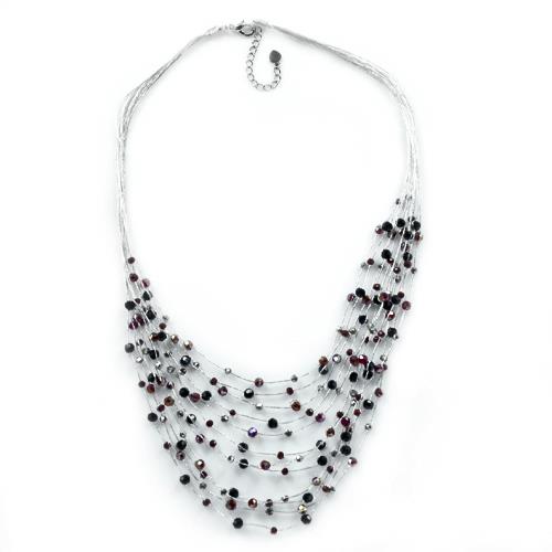 Seidenfaden Kette silber Glaskristall Perlen rot schwarz handgefädelt 54 cm Verschluss nickelfrei