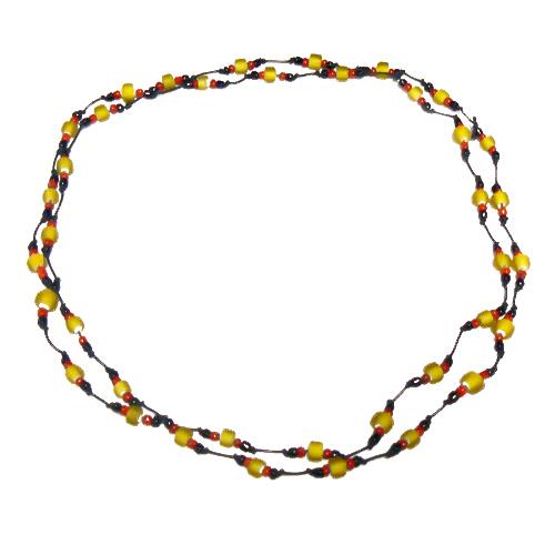 Baumwollkette schwarz Kette gewachst Baumwolle Glasperlen schwarz rot gelb handgefädelt 115 cm