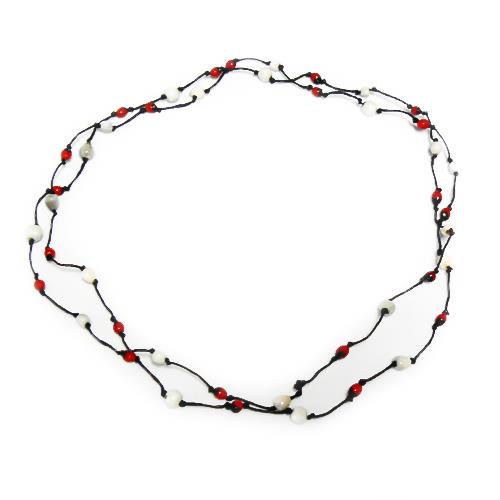 Baumwollkette schwarz Kette gewachst Baumwolle Perlen Holz weiß rot handgefädelt 115 cm lang