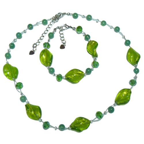 Schmuckset Kette Armband Glasperlen Glitzer gewunden grün hellgrün nickelfrei Karabiner