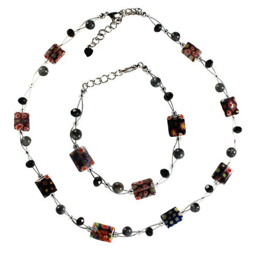 Damen Glitzer Set Kette Armband Muranoglas schwarz bunt lila Blümchen marmoriert Stein Perlen