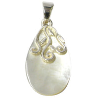 Cargar imagen en el visor de la galería, Perlmutt-Anhänger, tropfenförmiger Damenanhänger aus 925er Sterlingsilber und Perlmutt, mit Silberverzierung, ca. 23 x 15mm
