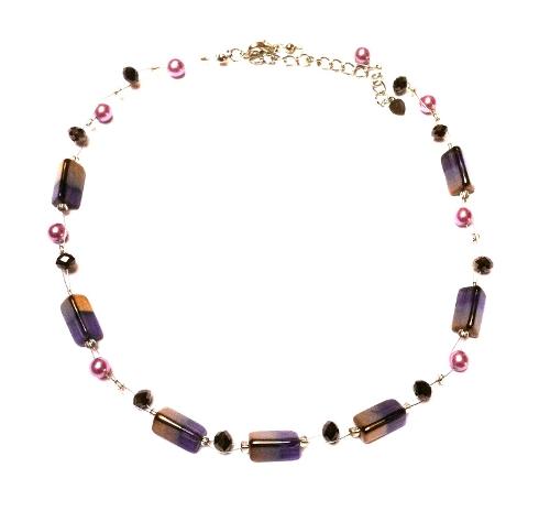 Kette Glasperlen Perlen Glitzer Damen Halsschmuck dreieckig lila gold 42- 48 cm nickelfrei