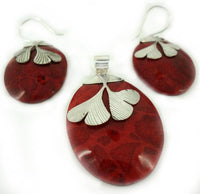 Load image into Gallery viewer, Schmuckset Koralle Ginkgo Blätter Rillen 925er Sterling Silber Anhänger Ohrringe Damen Schmuck
