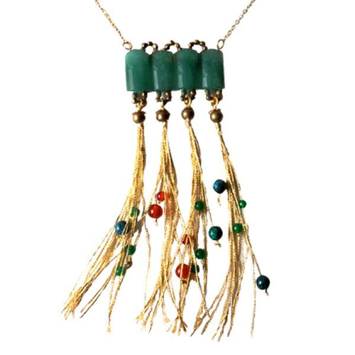 Brass Ethno Collier Kette Edelsteine Seidenfaden grün blau orange nickelfrei Designer Schmuck