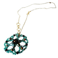 Load image into Gallery viewer, Brass Kette türkis schwarz Anhänger Blume Glaskristalle facettiert gold nickelfrei Glitzer Schmuck
