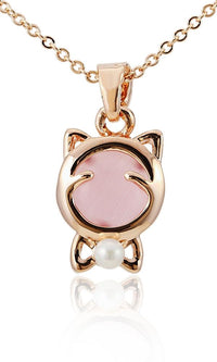 Load image into Gallery viewer, Brass Kette Kitty Katze nickelfrei Katzenauge rosa Perle gold Schleife 38 cm Karabiner
