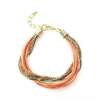 Load image into Gallery viewer, A nickelfrei bracelet with interwoven peach-toned leather and gold-silver chains plus an adjustable clasp, pairs perfectly with the Set Kette Armband 18 karat vergoldet Leder Bündel Ketten in red, green, and beige.
