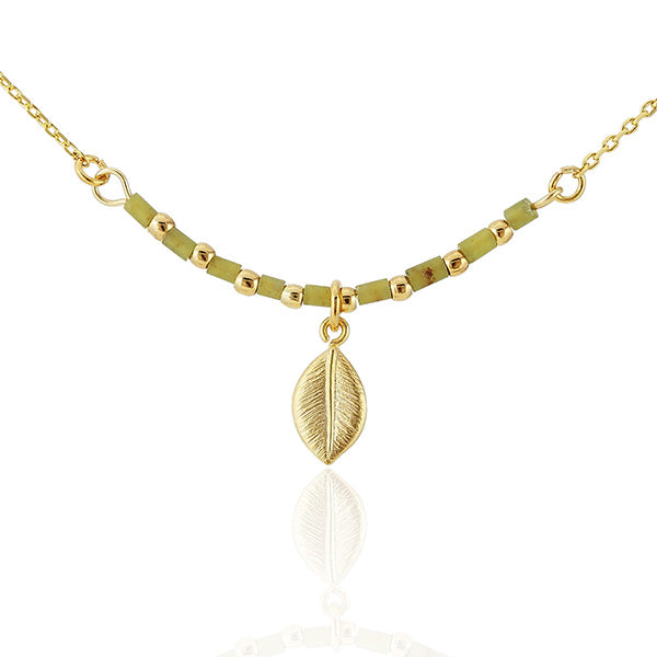 Set Kette Armband 18 karat vergoldet Perlen länglich Blatt grün nickelfrei Charm Anhänger