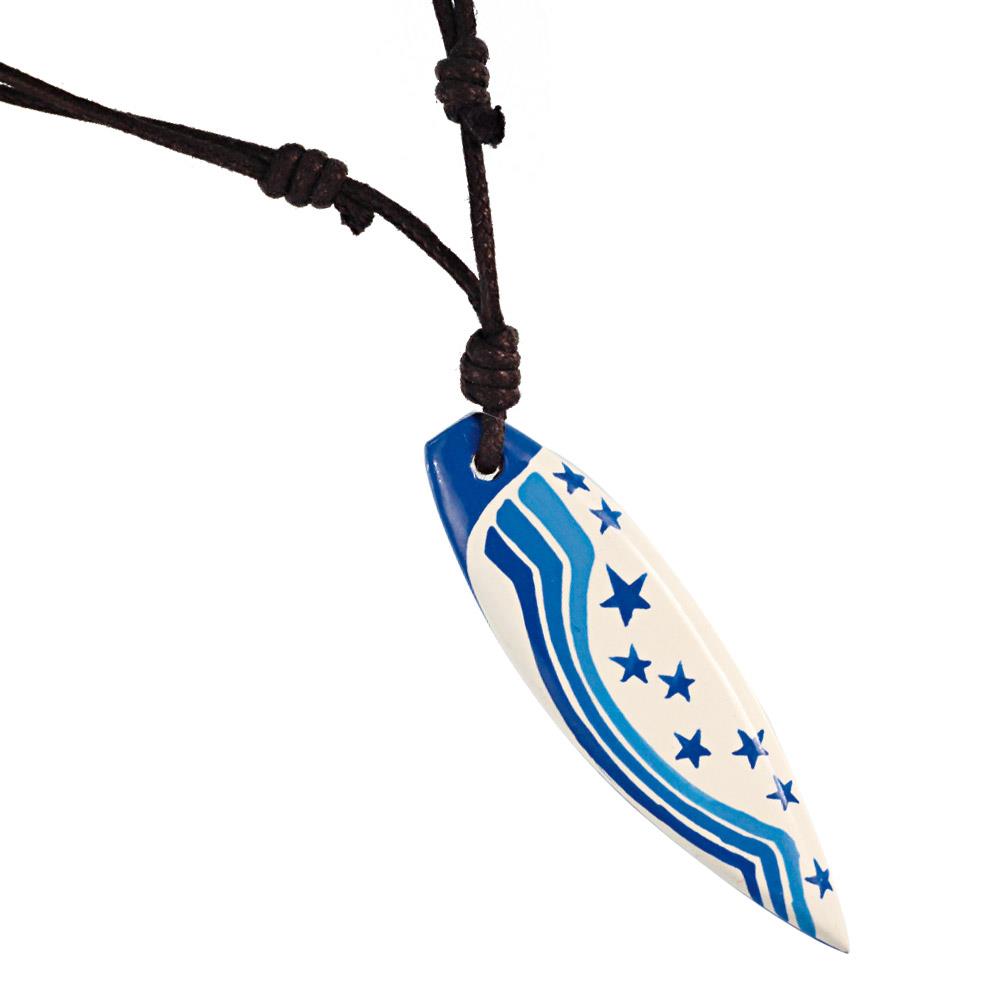 Surferkette blau weiß mit Wellen und Sternen Holzkette aus Sonoholz Baumwolle Unisex