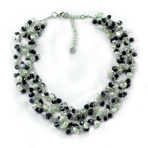 Seidenfaden Kette zweilagig Perlen Kristallperlen weiß blau grau handgefädelt 42 cm lang nickelfrei