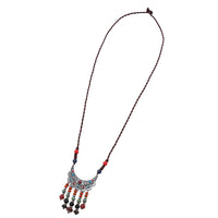 Load image into Gallery viewer, Kette 90 cm Brassanhänger Wellen Sichel 11 cm Perlen blau rot orange grün Kordel
