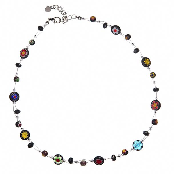Damen Kette Halskette Muranoglas Blume Scheibe Perlen Glasperlen schwarz bunt 42-48 cm nickelfrei