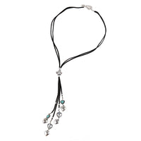 Load image into Gallery viewer, Kette 81-89cm Anhänger 16cm silbern Brass Türkis Kristalle Lederbänder Herzen
