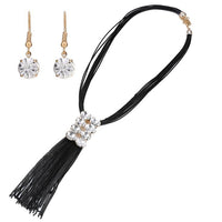 Load image into Gallery viewer, Brass Schmuckset Kette lang Ohrringe Zirkonia Stein weiß Lederbänder
