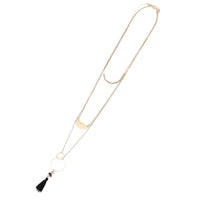 Load image into Gallery viewer, Brass Kette goldfarben fein Anhänger 3-Teilig Ringe Steine Quaste Länge ca 45 cm
