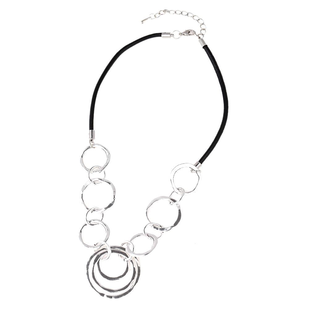 Ketten Halskette Lederband schwarz Edelstahl Ringe silberfarben  Länge 23cm