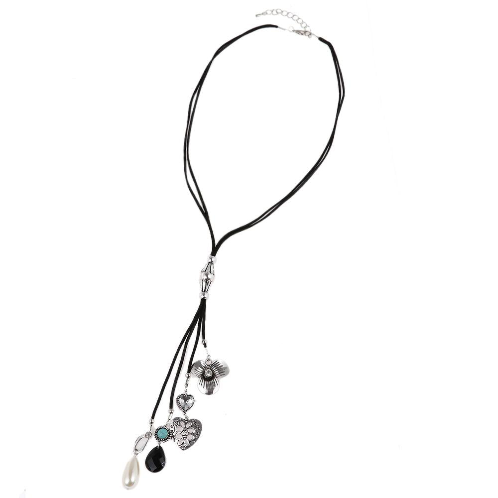 Lederbandkette schwarz Anhänger Edelstahl Blume Herz Perle Zirkonia Stein Länge 53 cm
