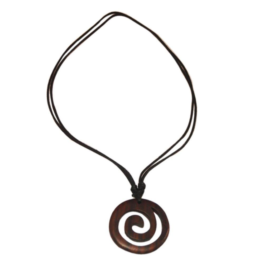 Holz-Kette, schwarze Kette aus Baumwolle mit einem spiralförmigen braunen Holzanhänger aus Sonoholz, handgeschnitzt, ca. 4cm Ø