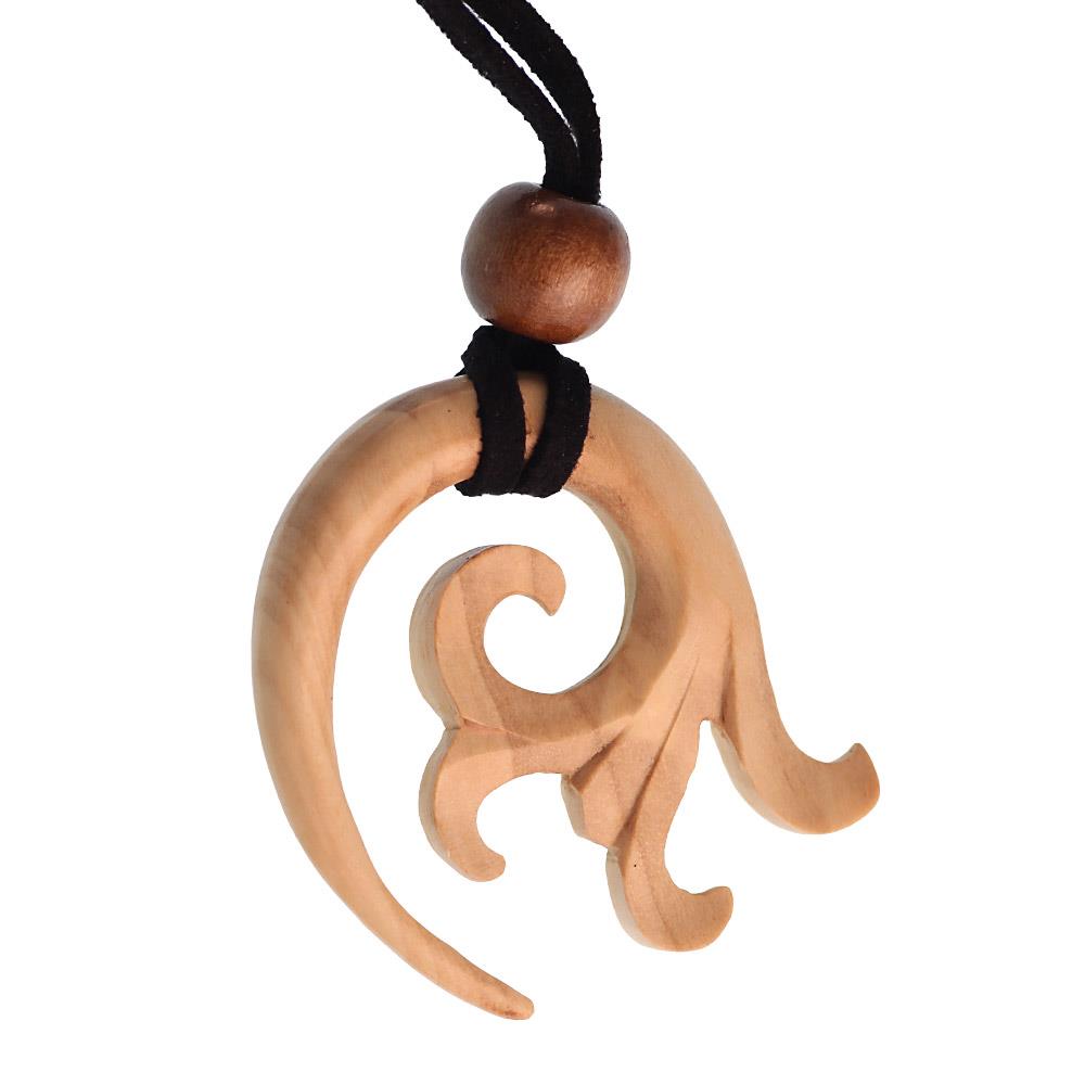 Kette Holz Spiralen Ornament Anhänger hellbraun Lederband verstellbar Holzperle